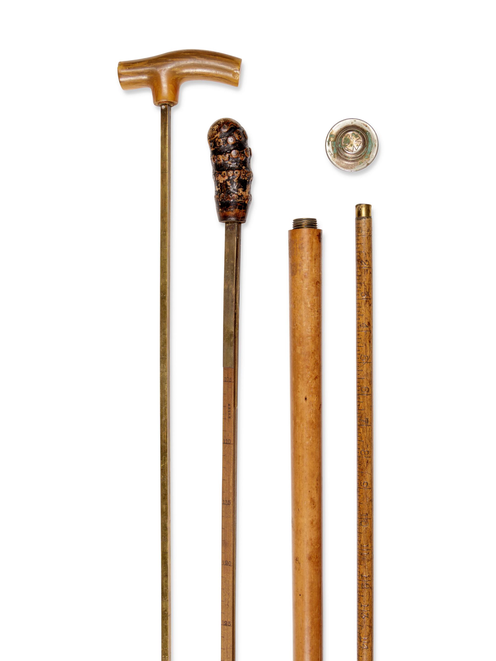 Three English Silvered Metal Mounted Measuring System Walking Sticks
