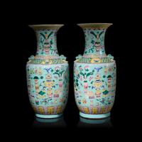 A Pair of Chinese Famille Rose Porcelain 'Bogu' Vases 藍地粉彩博古紋瓶一對