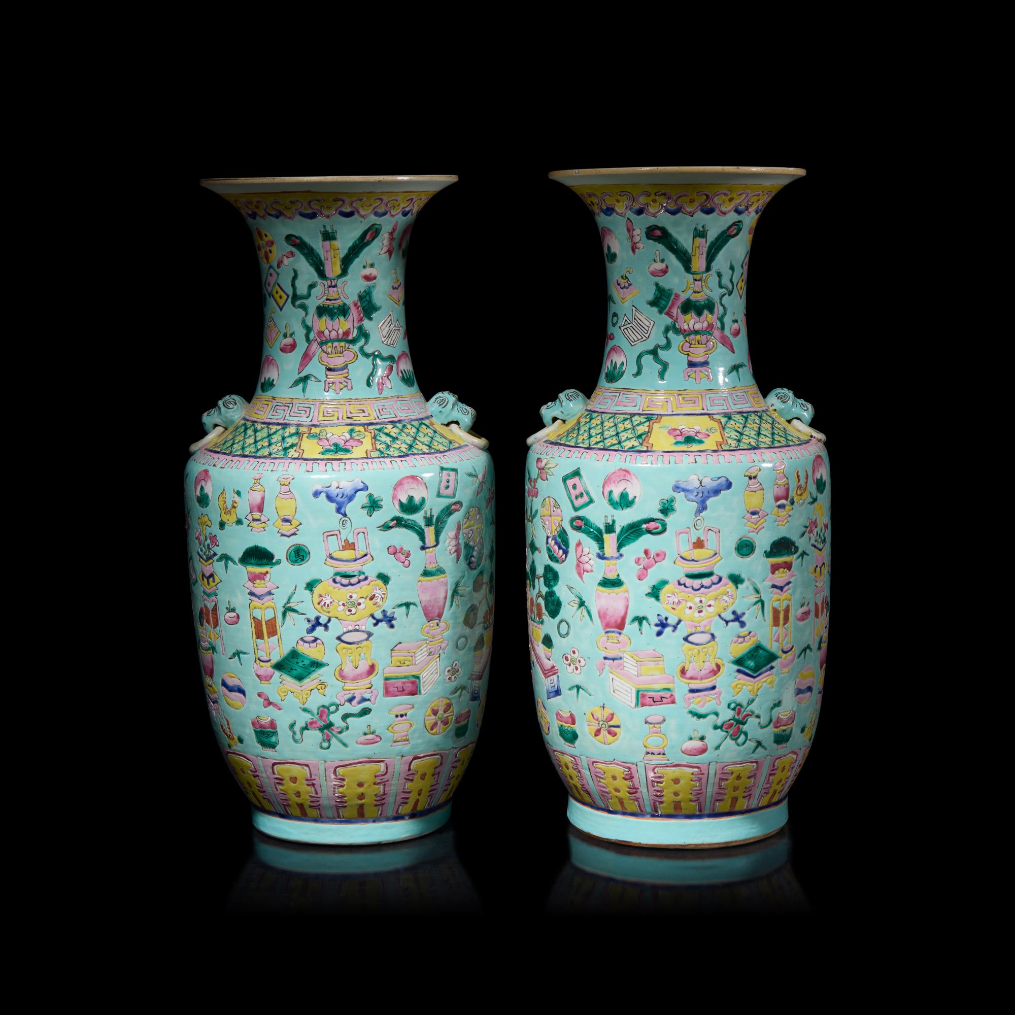 A Pair of Chinese Famille Rose Porcelain 'Bogu' Vases 藍地粉彩博古紋瓶一對