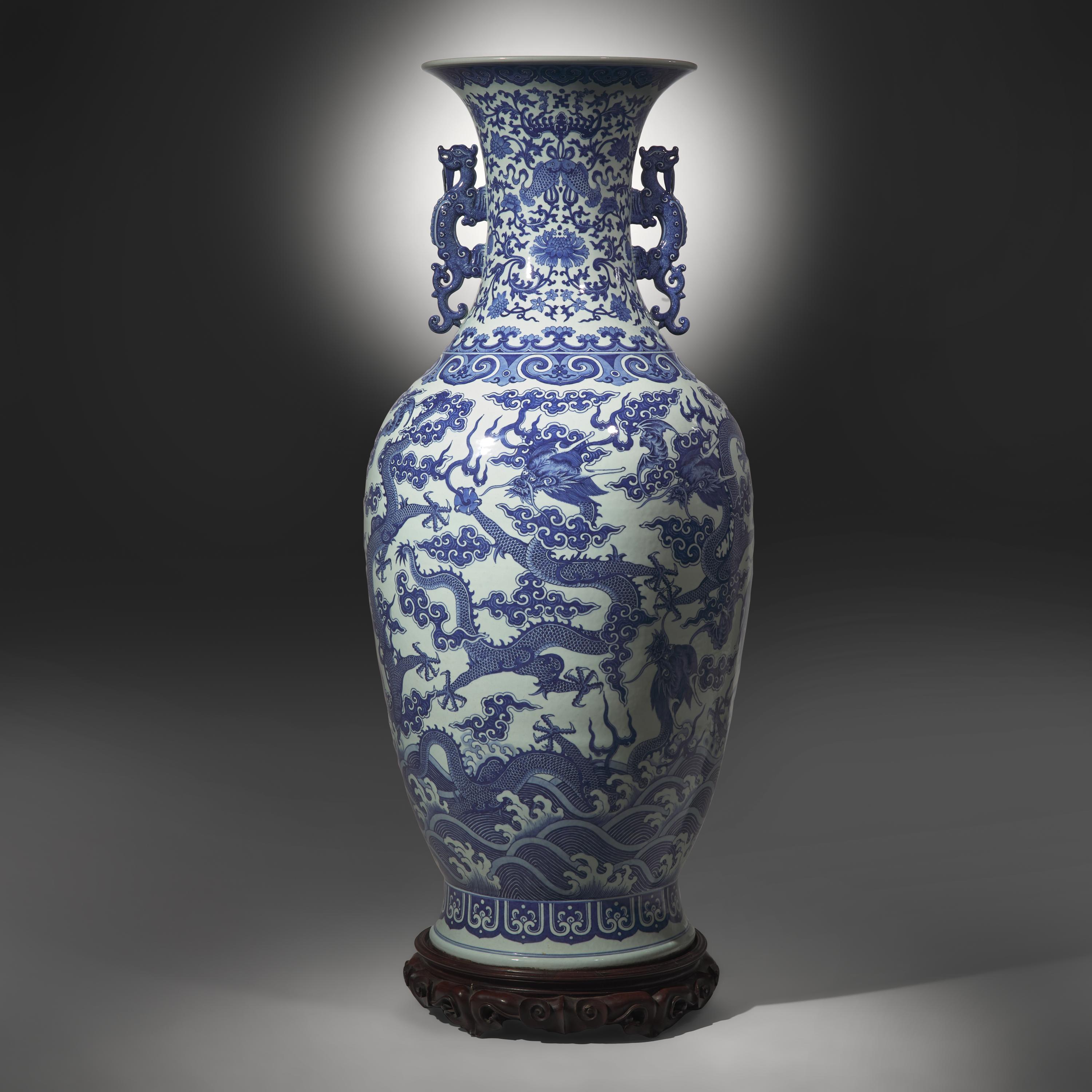 A Magnificent, Monumental, and Extremely Rare Chinese Blue and White 'Nine Dragons' Vase, Qing Dynasty, Jiaqing/Daoguang Period