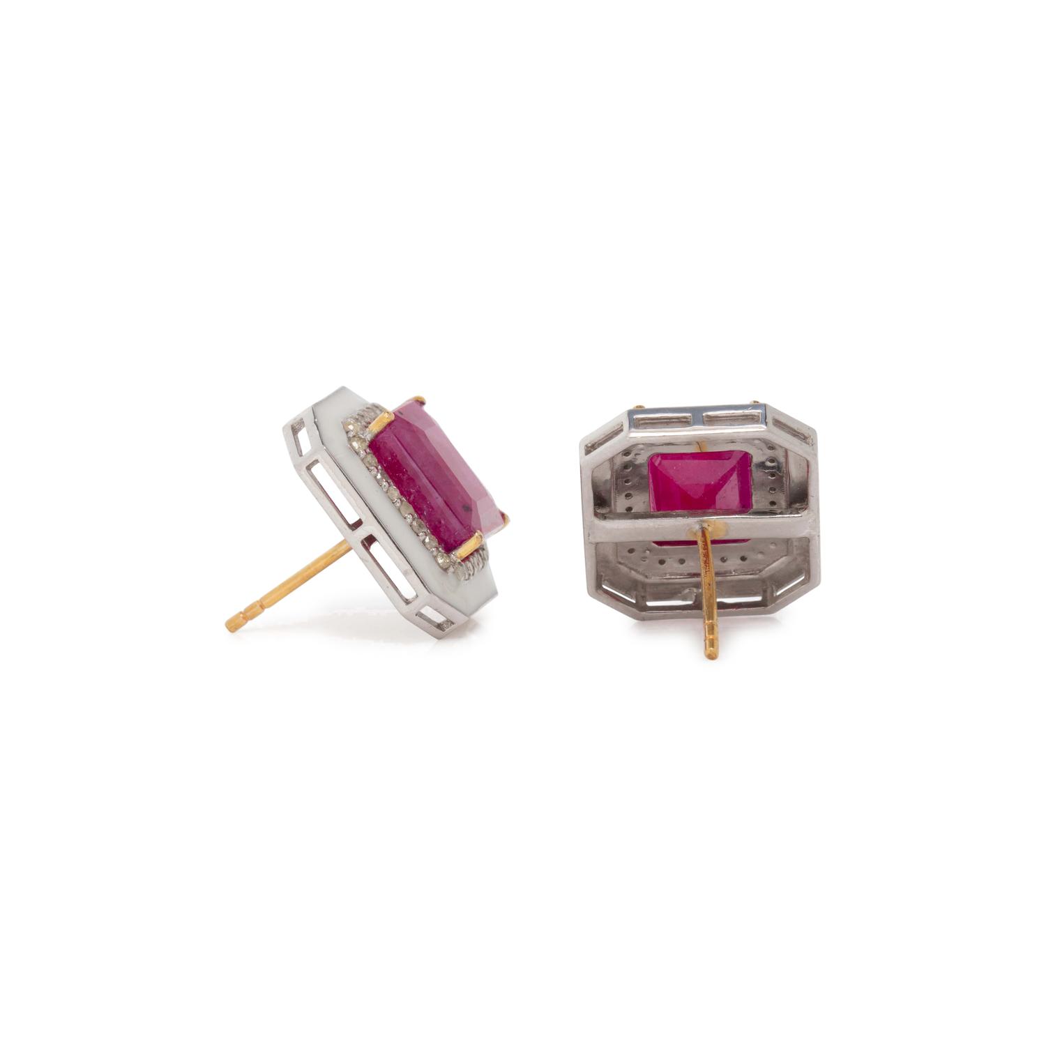 RUBY, DIAMOND AND ENAMEL EARRINGS