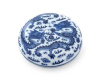 A Blue and White Porcelain Seal Paste Covered Box, Yinse He Diameter 4 1/2 inches. — XIANFENG PERIOD (1851-1861)