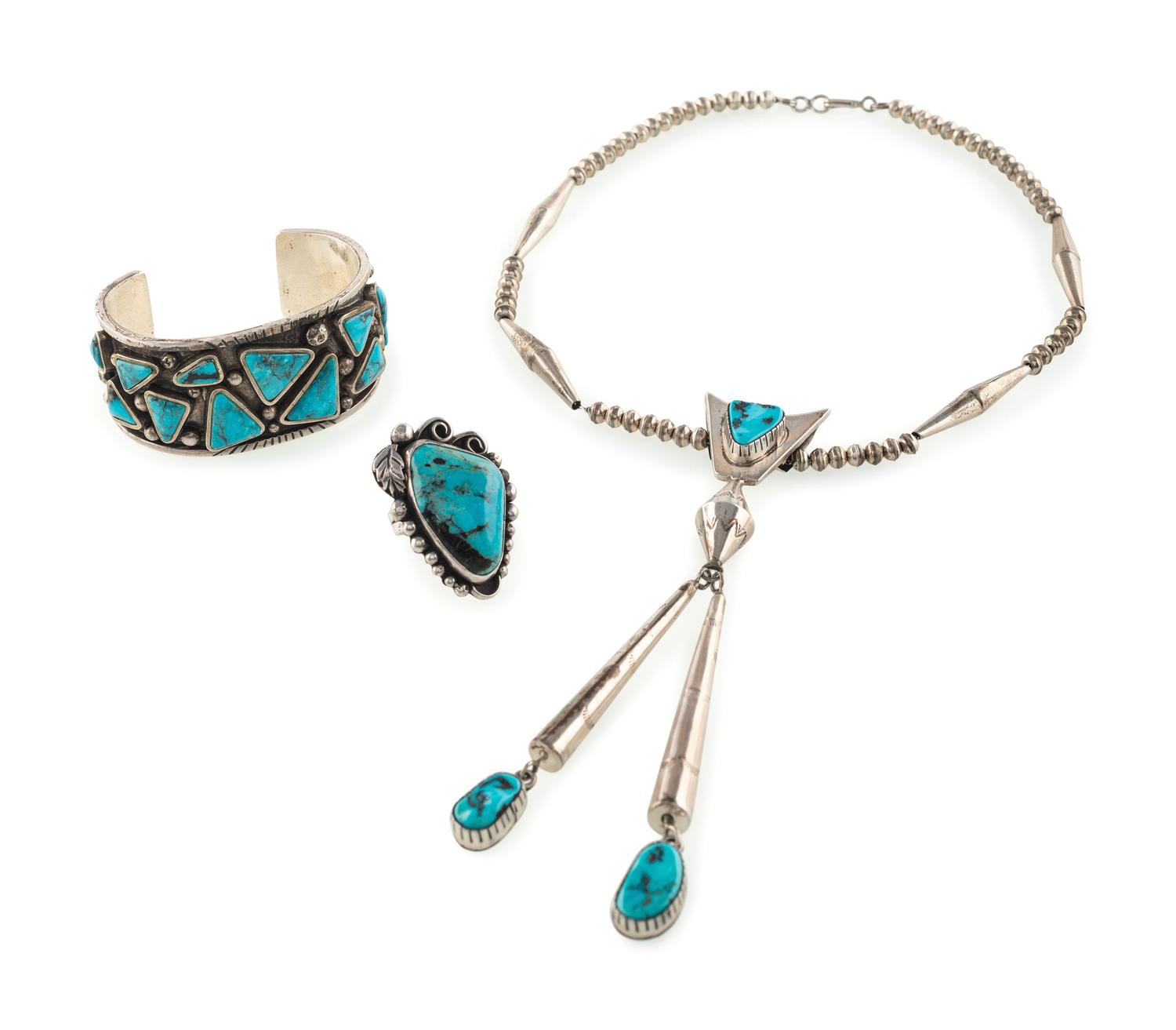 Navajo Silver and Turquoise, Necklace, Cuff Bracelet, AND Ring