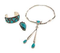 Navajo Silver and Turquoise, Necklace, Cuff Bracelet, AND Ring