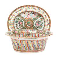 A Chinese Export Rose Medallion Porcelain Basket and Underplate