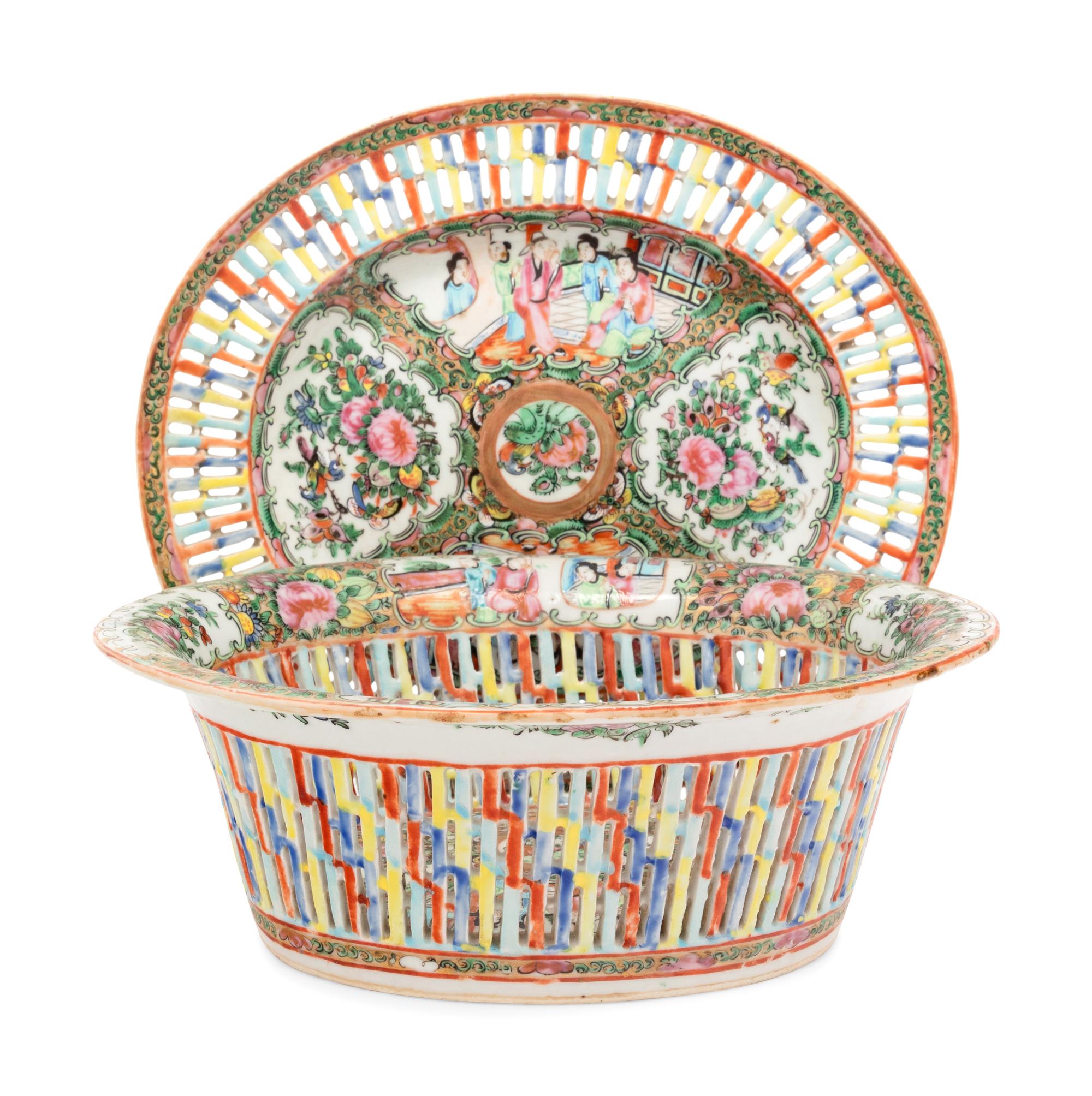 A Chinese Export Rose Medallion Porcelain Basket and Underplate