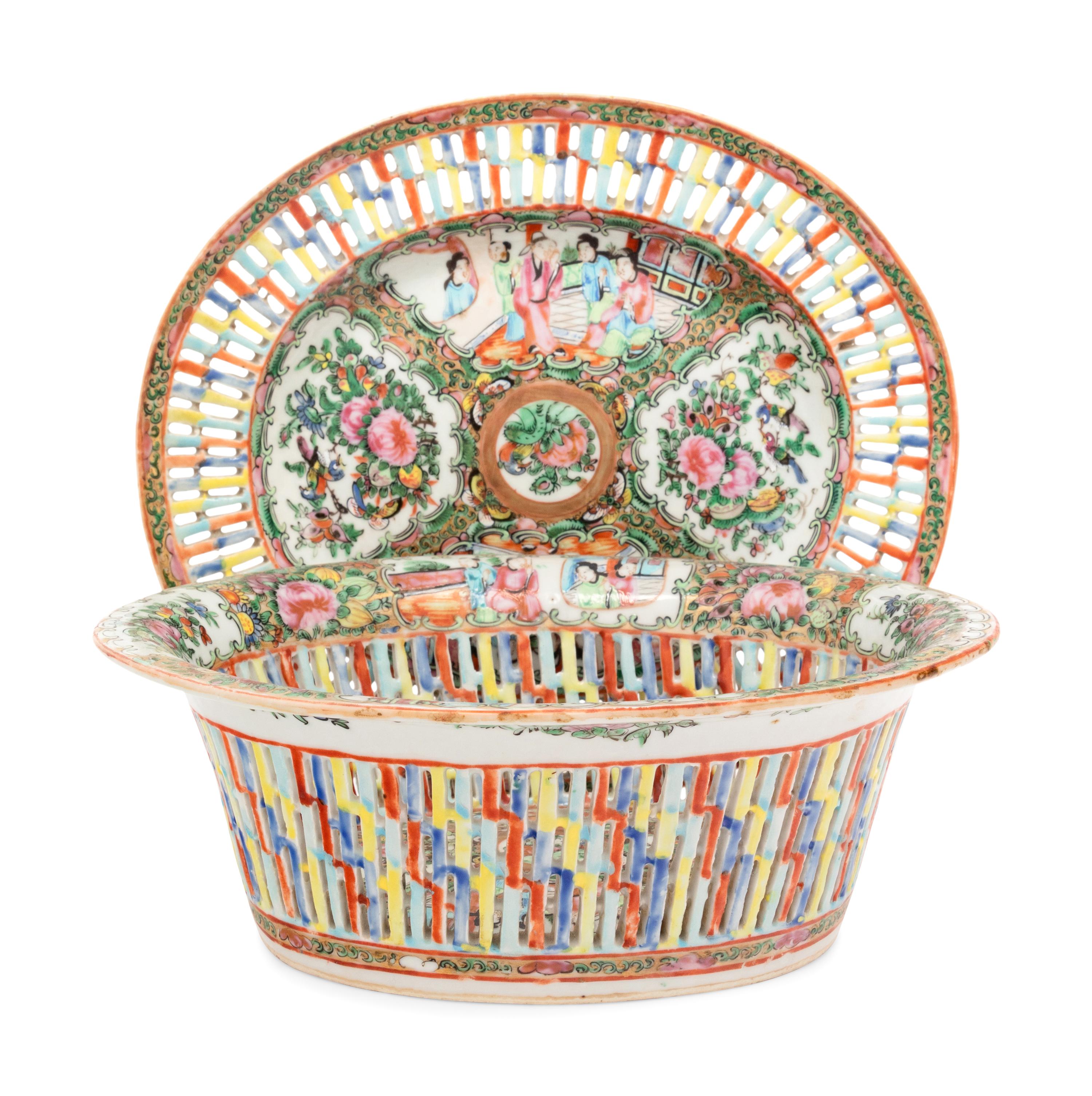 A Chinese Export Rose Medallion Porcelain Basket and Underplate
