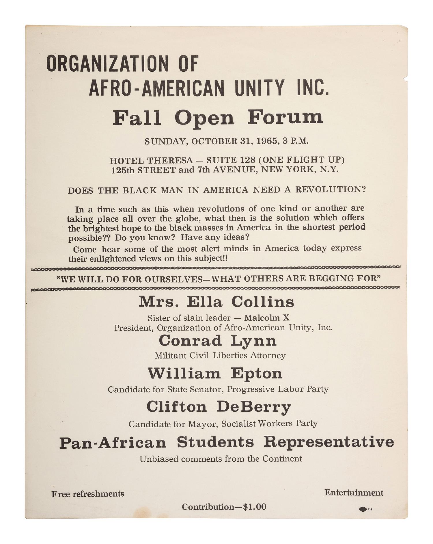 [MALCOLM X (1925-1965)]. A group of items related to Malcolm X and the Organization of Afro-American Unity (OAAU), comprising: