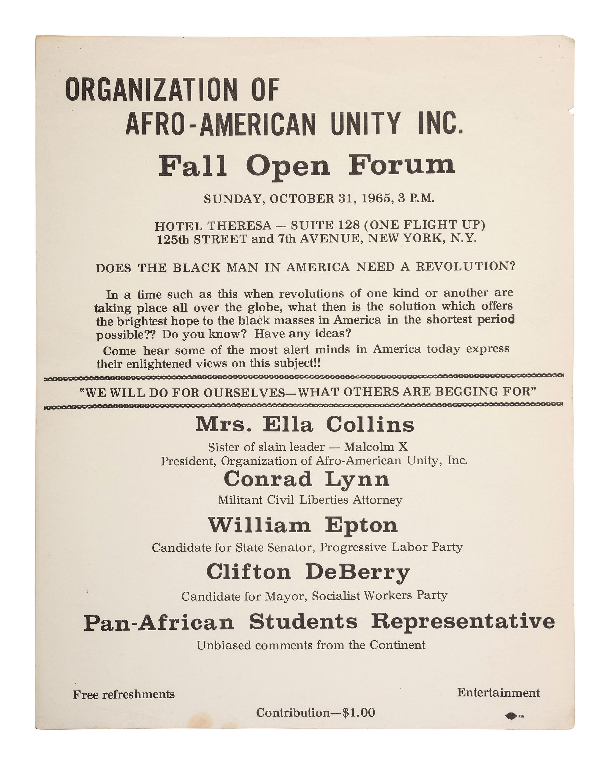 [MALCOLM X (1925-1965)]. A group of items related to Malcolm X and the Organization of Afro-American Unity (OAAU), comprising: