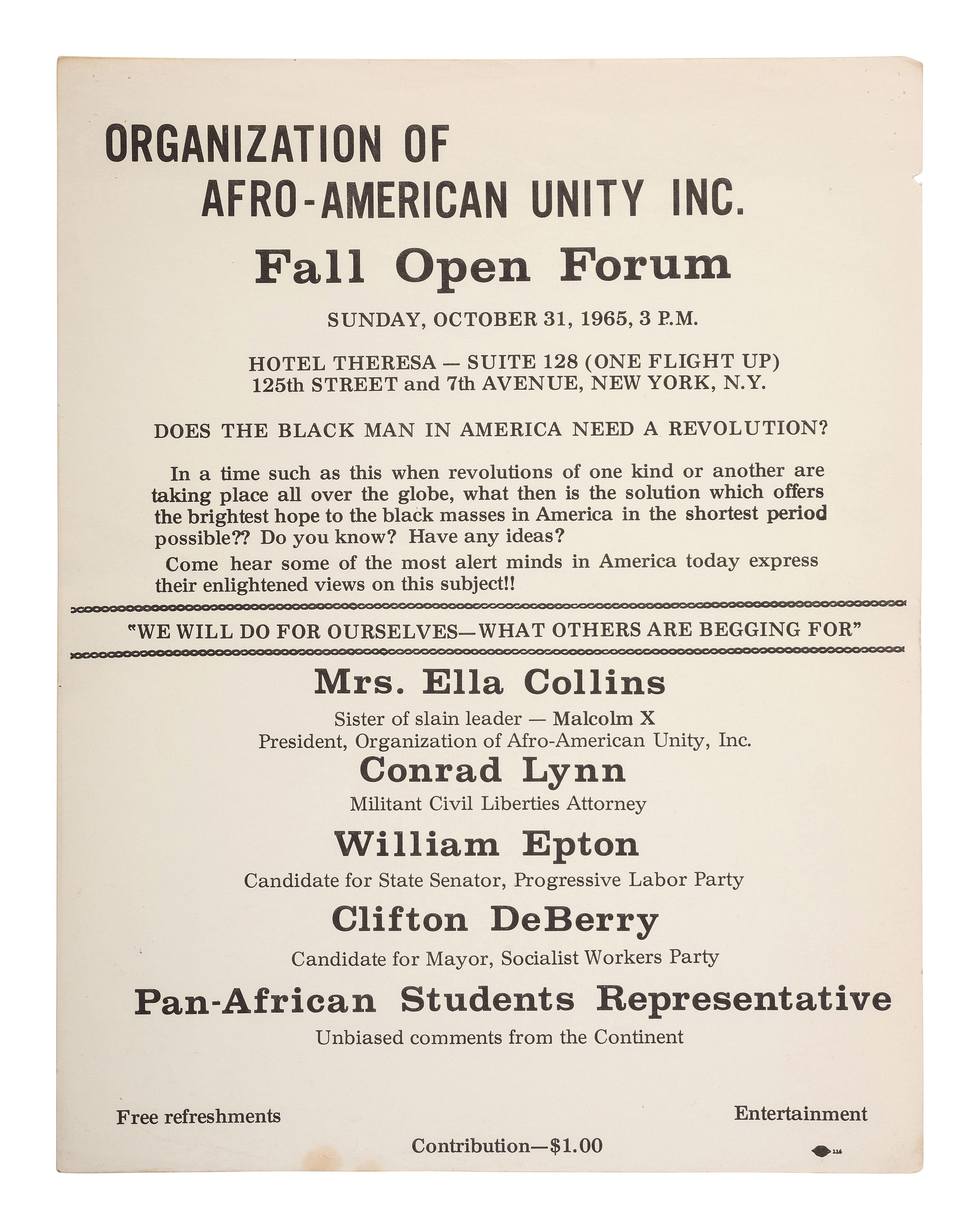 [MALCOLM X (1925-1965)]. A group of items related to Malcolm X and the Organization of Afro-American Unity (OAAU), comprising: