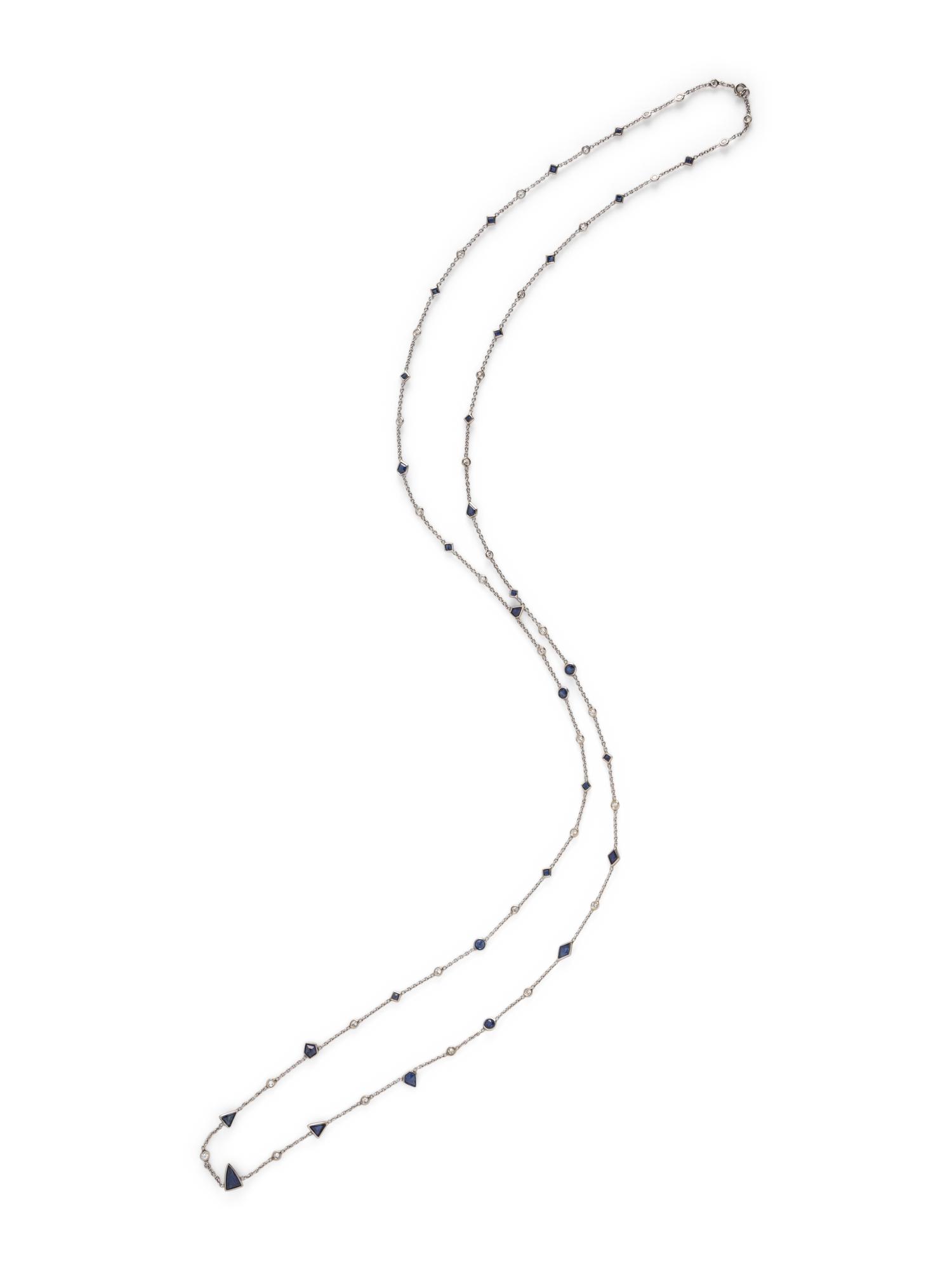 WHITE GOLD, SAPPHIRE, AND DIAMOND LONG CHAIN