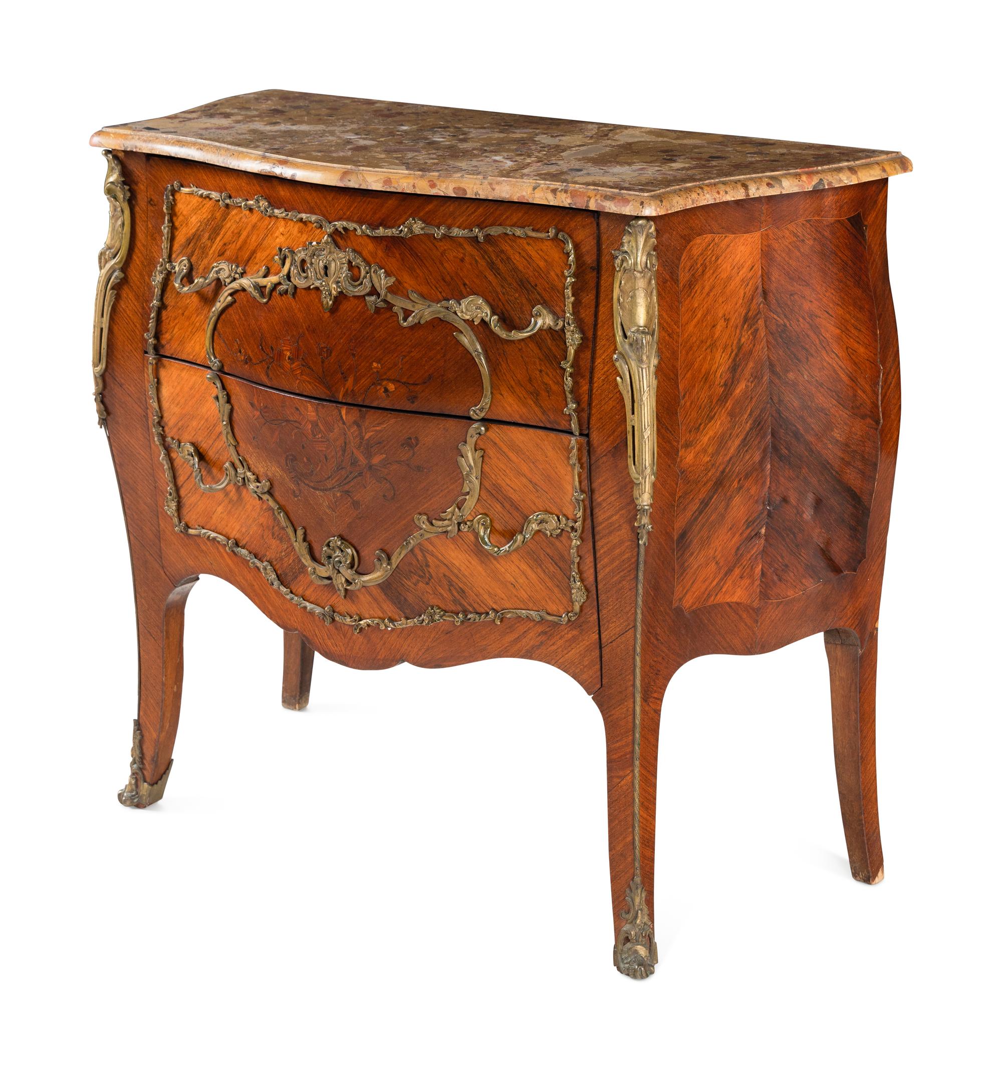 A Louis XV Style Gilt Bronze Mounted Marquetry Marble-Top Commode