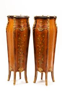 A Pair of Louis XV Style Gilt Metal Mounted Marquetry Marble-Top Pedestals