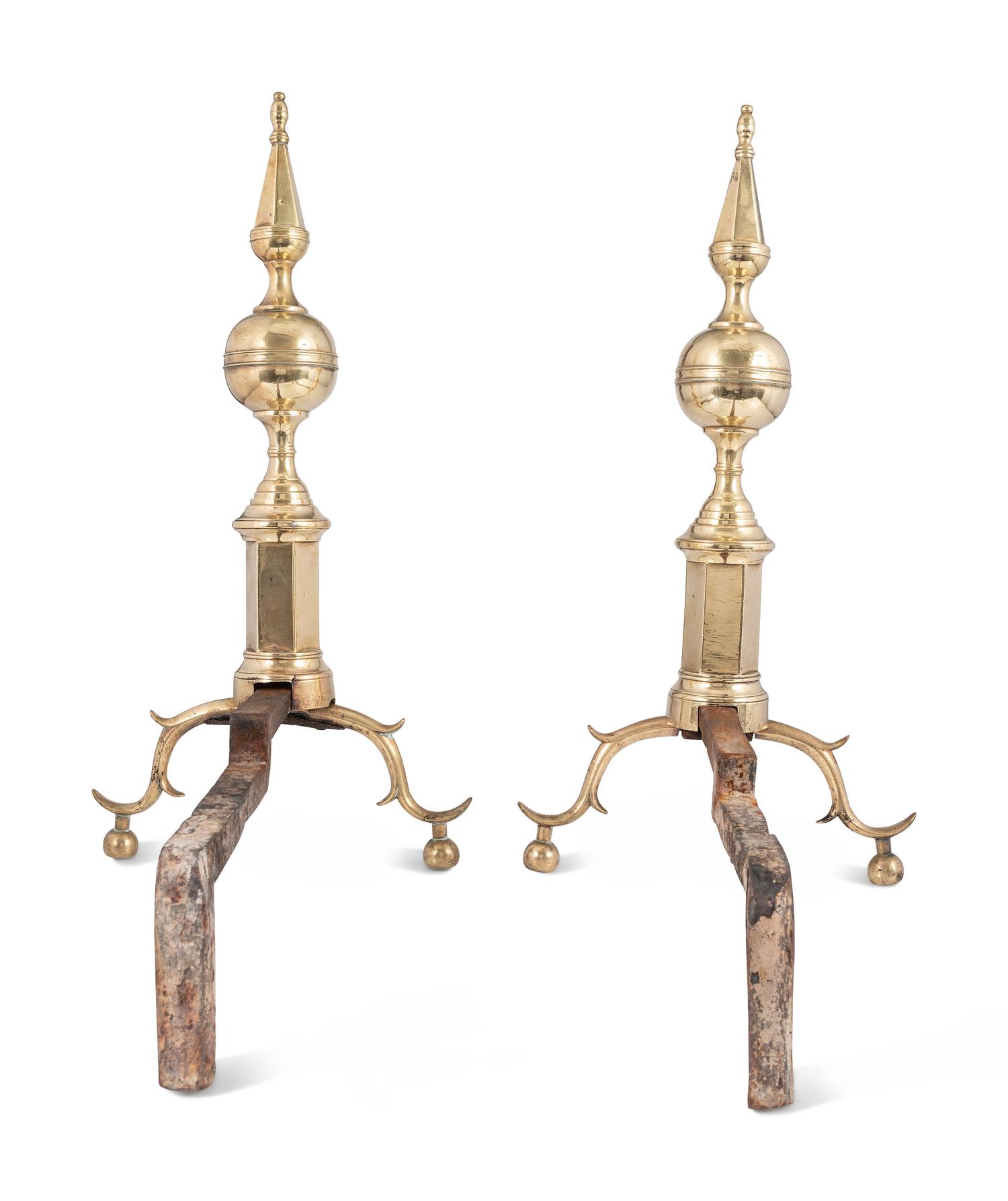 A Pair of Federal Brass Steeple Top Andirons