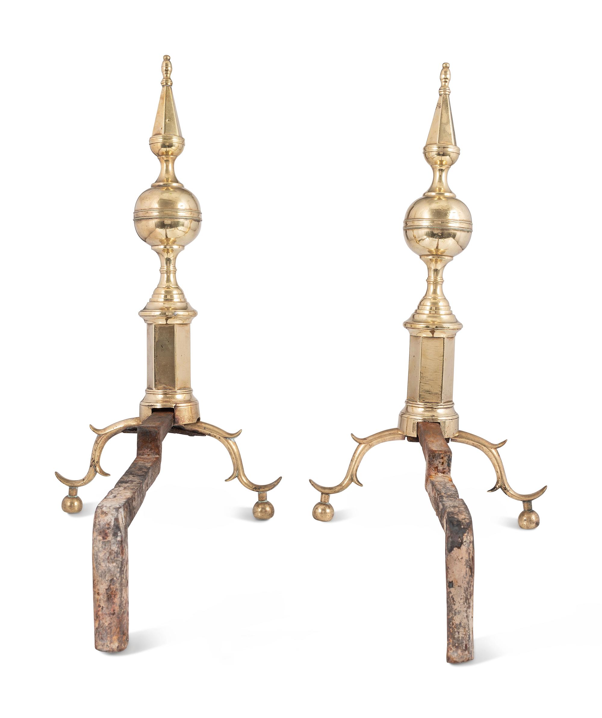 A Pair of Federal Brass Steeple Top Andirons