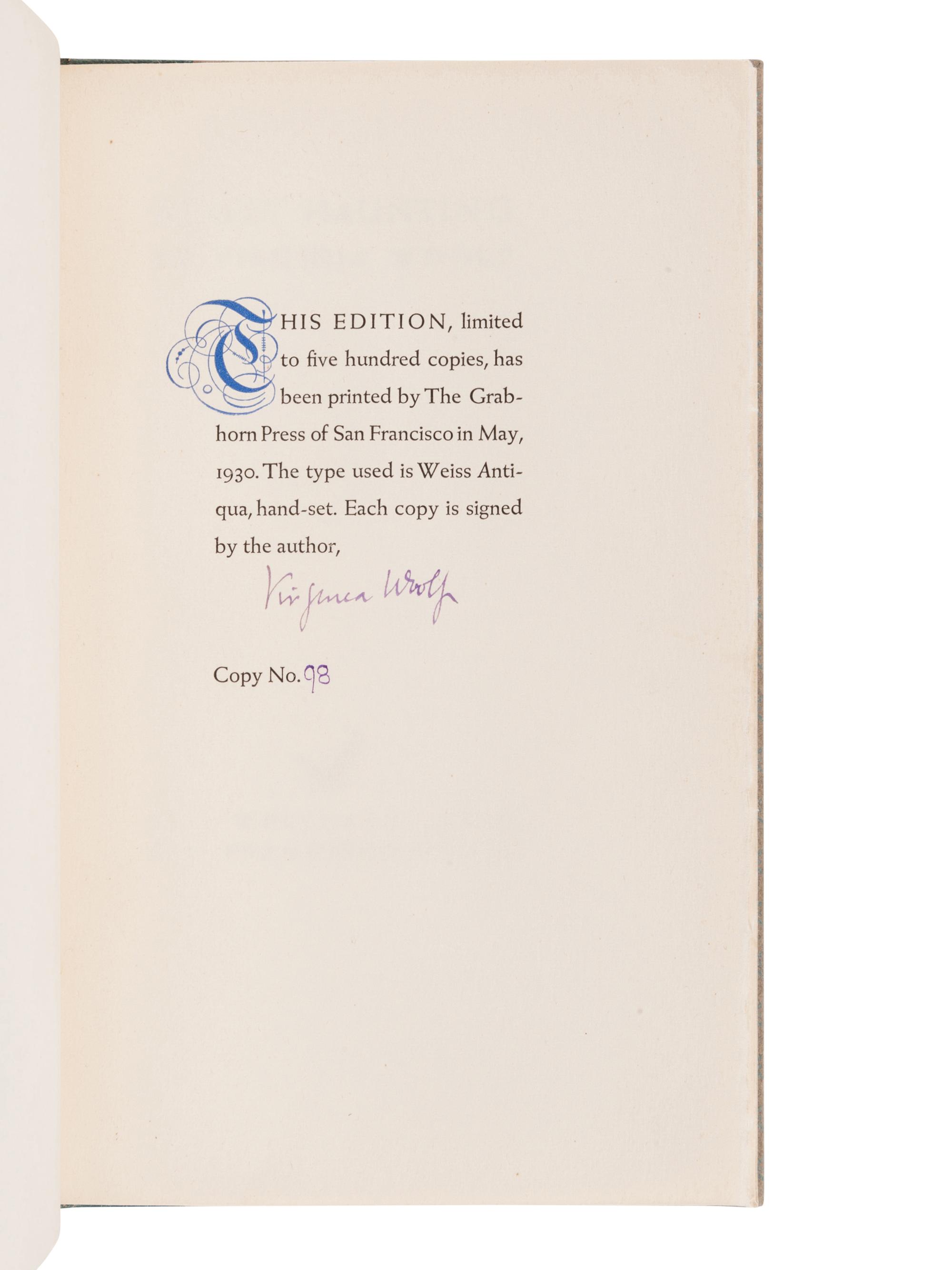 [WESTGATE PRESS]. WOOLF, Virginia (1882-1941). Street Haunting . San Francisco: Westgate Press, 1930.