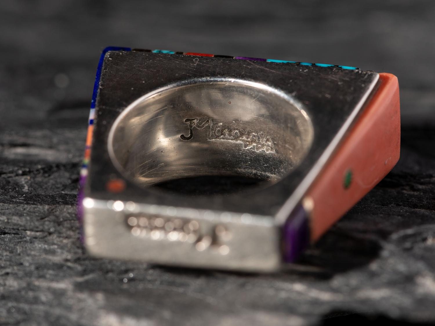Silver Ring, set with Turquoise, Coral, Lapis, Sugilite, Opal, and 14K Gold Spacers