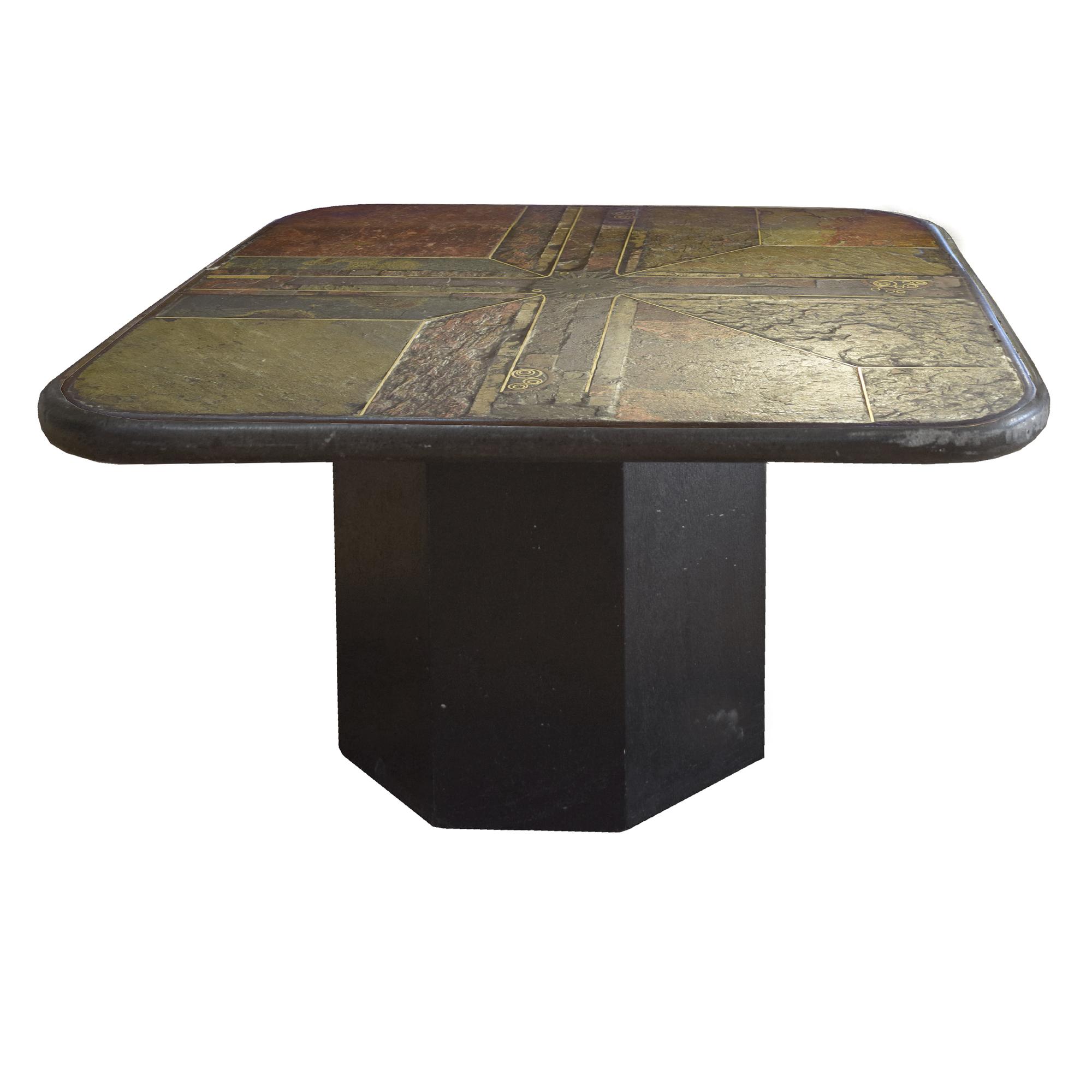 A Marcus Kingma Stone, Brass and Wood Coffee Table 31.5" W x 31.5" D x 17" H — Netherlands, 1990