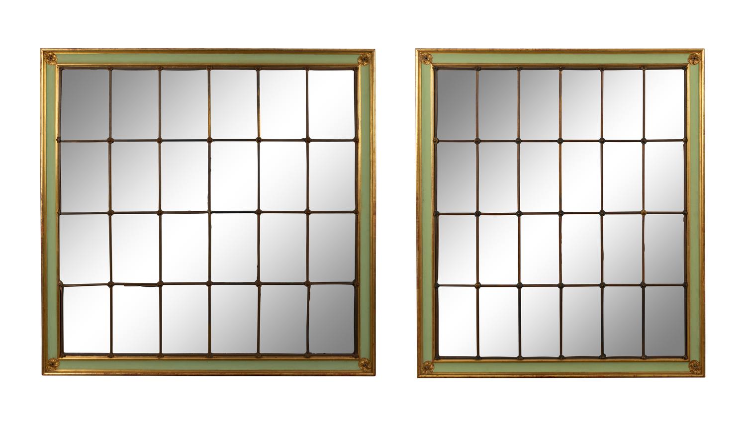 A Pair of Large Multi-Paned Mirrors in Painted Parcel Gilt Frames
