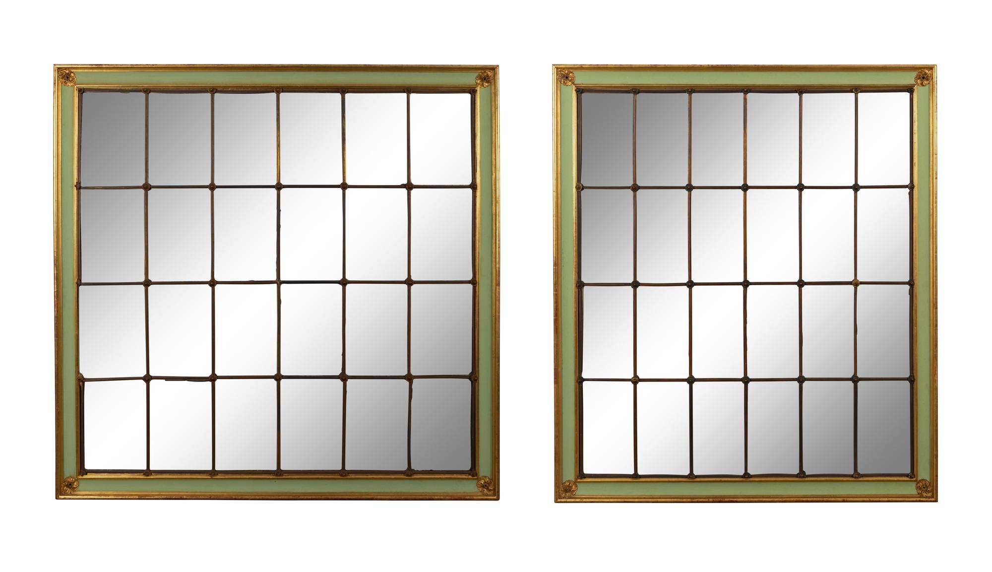 A Pair of Large Multi-Paned Mirrors in Painted Parcel Gilt Frames