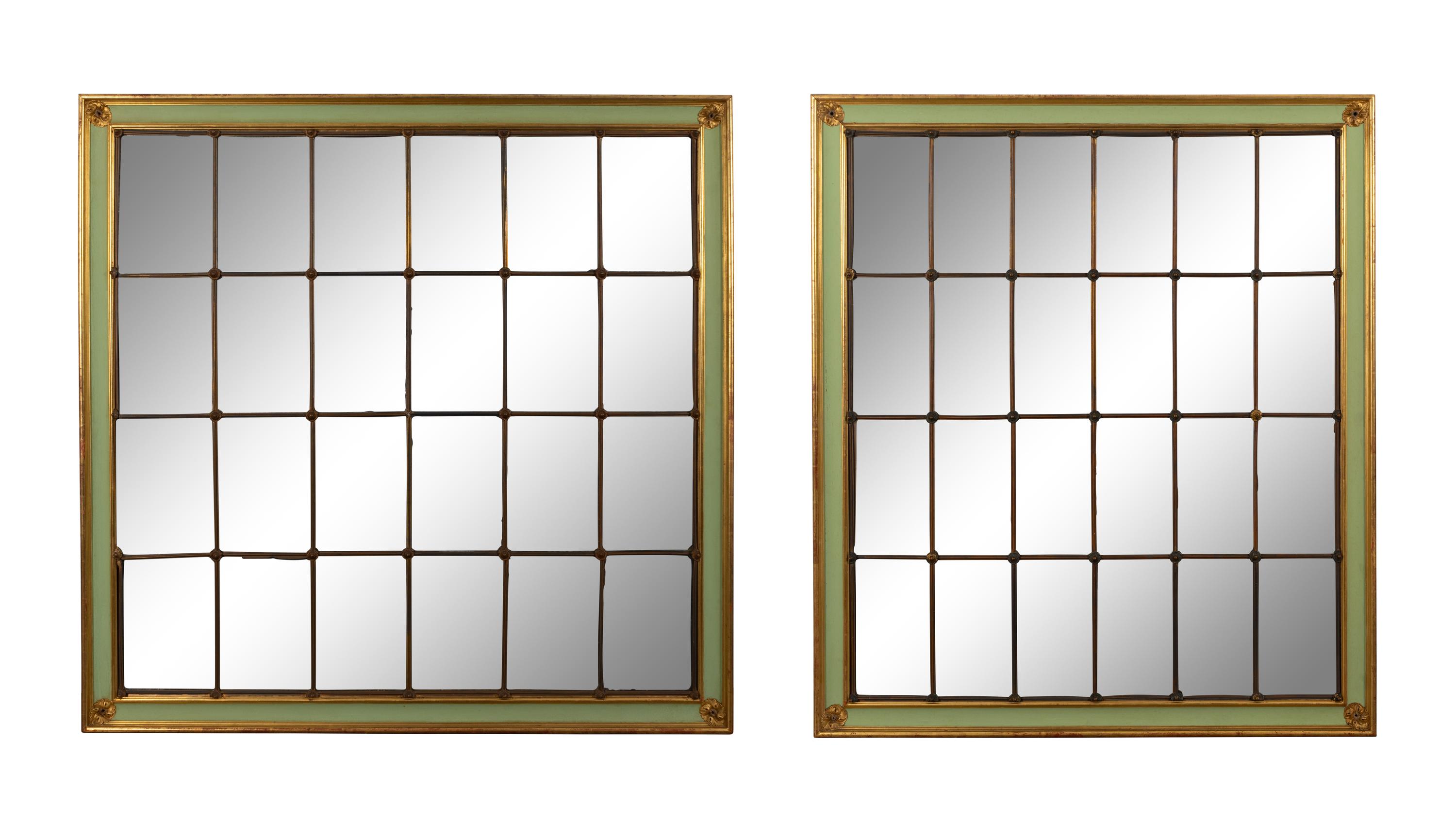 A Pair of Large Multi-Paned Mirrors in Painted Parcel Gilt Frames