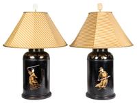 A Pair of Chinese Painted Black Tole Lamps Height to socket 23 inches.