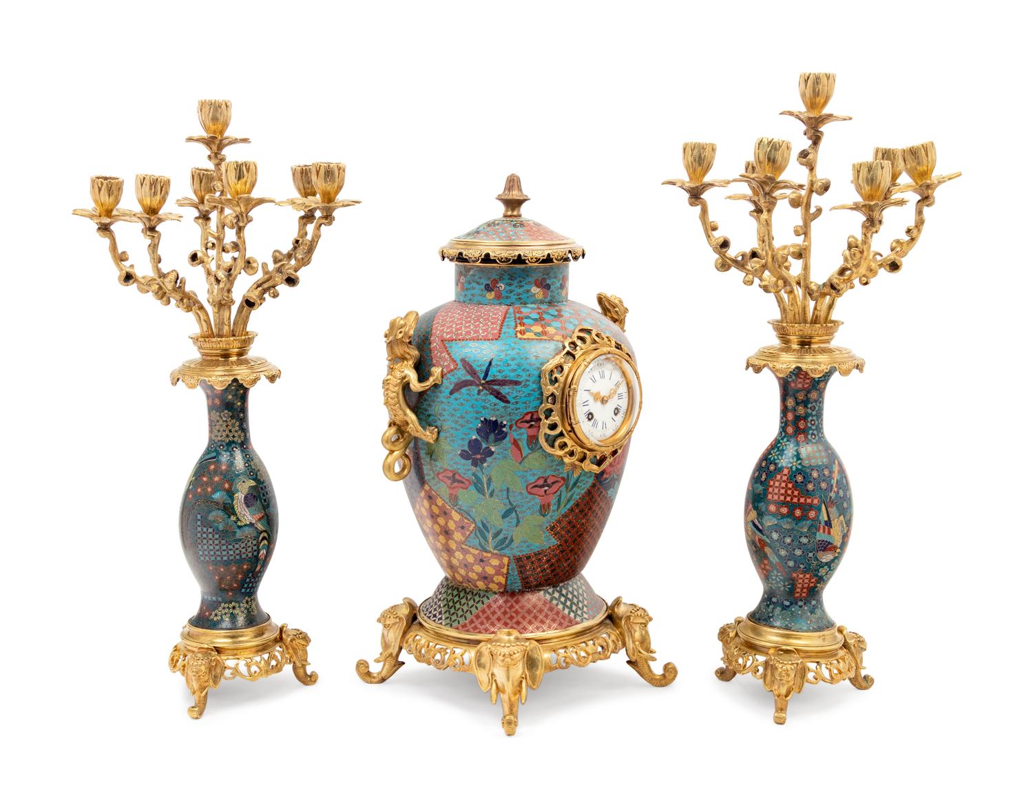 A French Gilt Bronze and Cloisonné Japonisme Clock Garniture