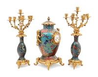 A French Gilt Bronze and Cloisonné Japonisme Clock Garniture