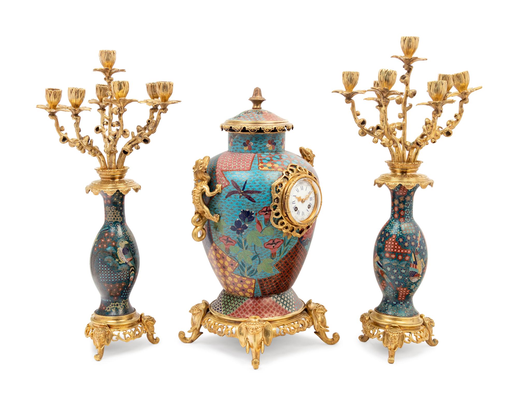 A French Gilt Bronze and Cloisonné Japonisme Clock Garniture
