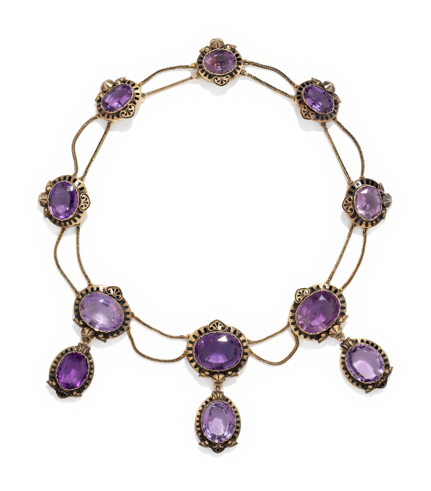 ANTIQUE, AMETHYST AND BLACK ENAMEL NECKLACE