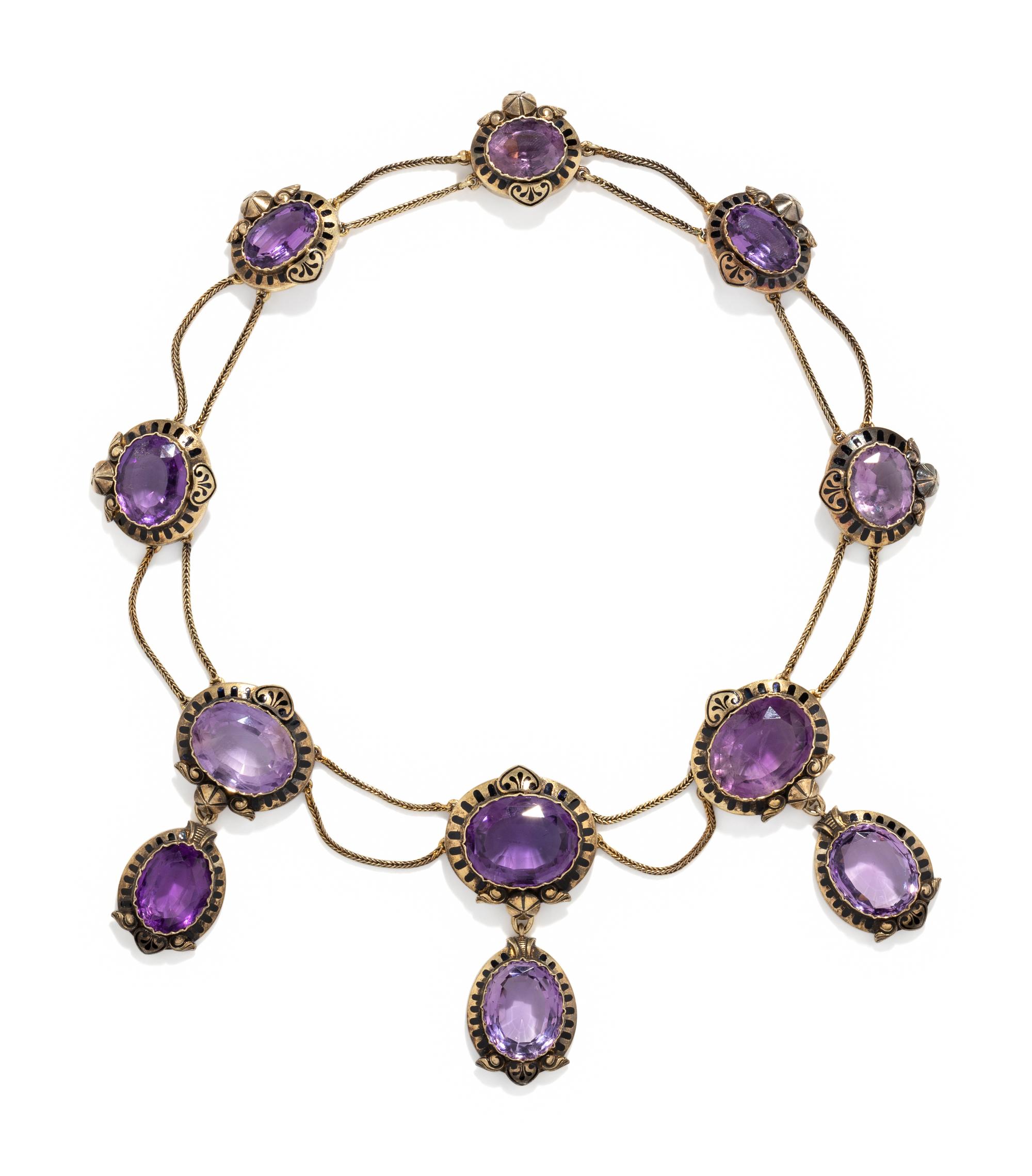 ANTIQUE, AMETHYST AND BLACK ENAMEL NECKLACE