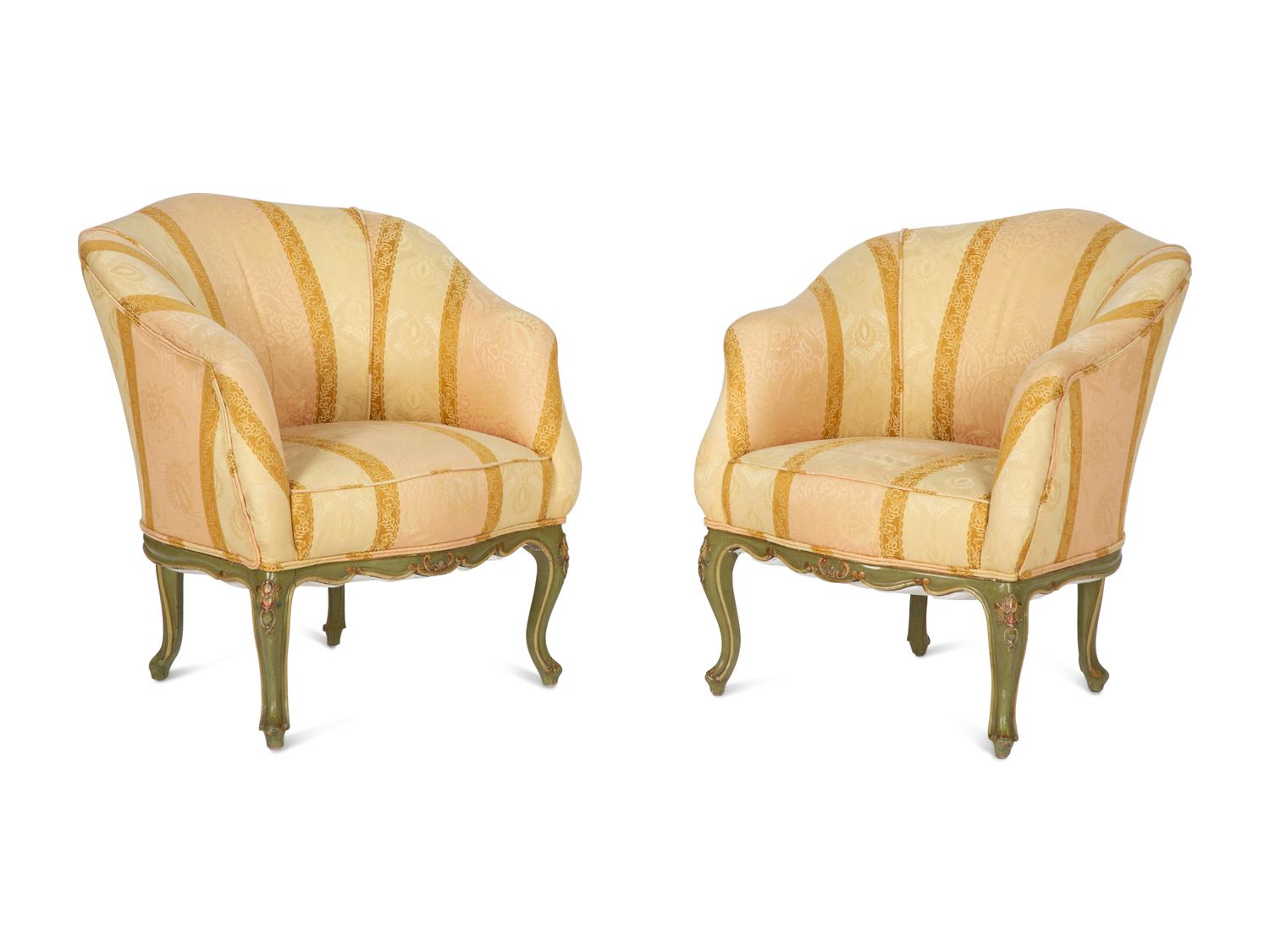 A Pair of Louis XV Style Painted Cove Back Chairs with Scalamandré Silk Damask Upholstery