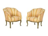 A Pair of Louis XV Style Painted Cove Back Chairs with Scalamandré Silk Damask Upholstery