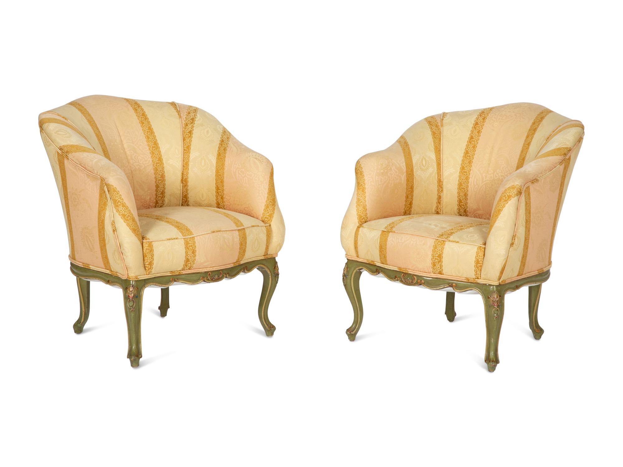 A Pair of Louis XV Style Painted Cove Back Chairs with Scalamandré Silk Damask Upholstery
