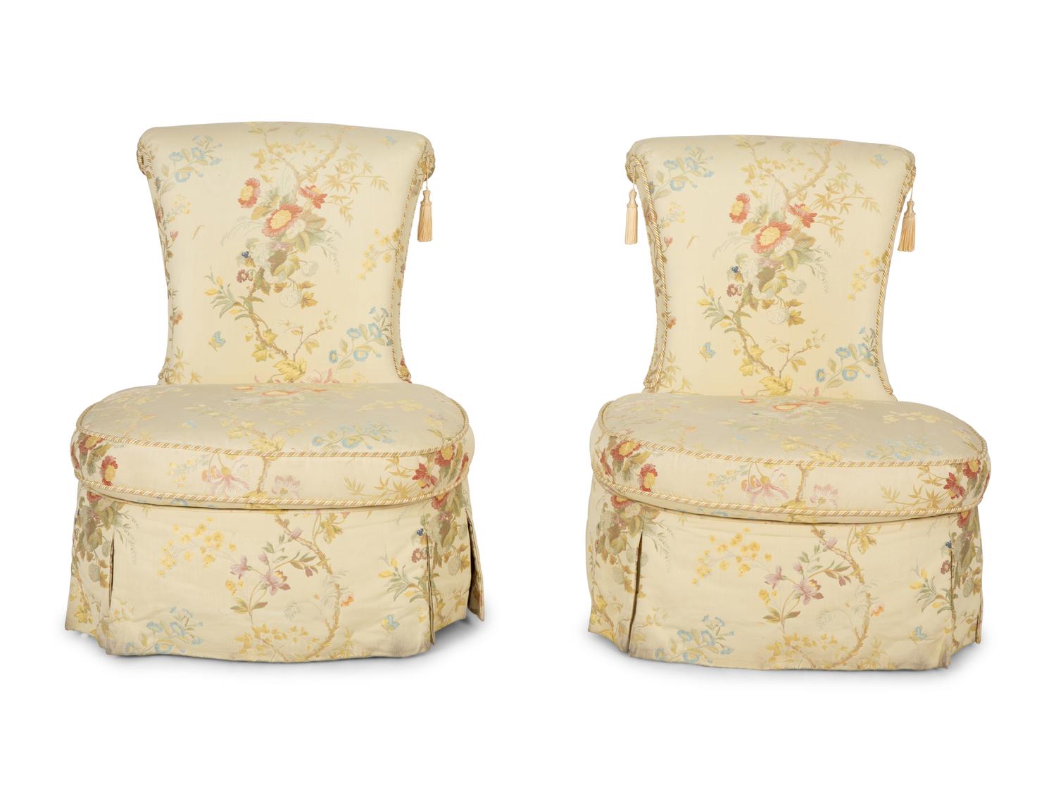 A Pair of Slipper Chairs with Scalamandré Meissen Magnolia Silk Lampas Pattern Upholstery
