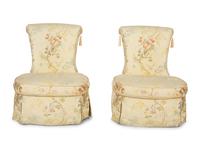 A Pair of Slipper Chairs with Scalamandré Meissen Magnolia Silk Lampas Pattern Upholstery