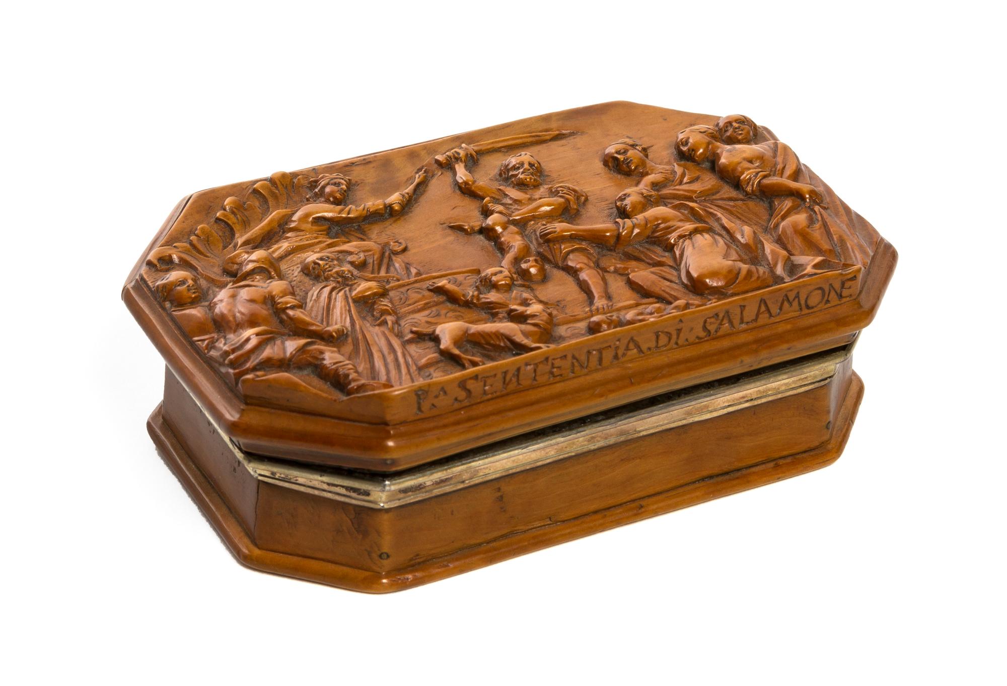 A English Carved Wood and Gilt Silver Mounted Box, Width 4 3/8 inches.