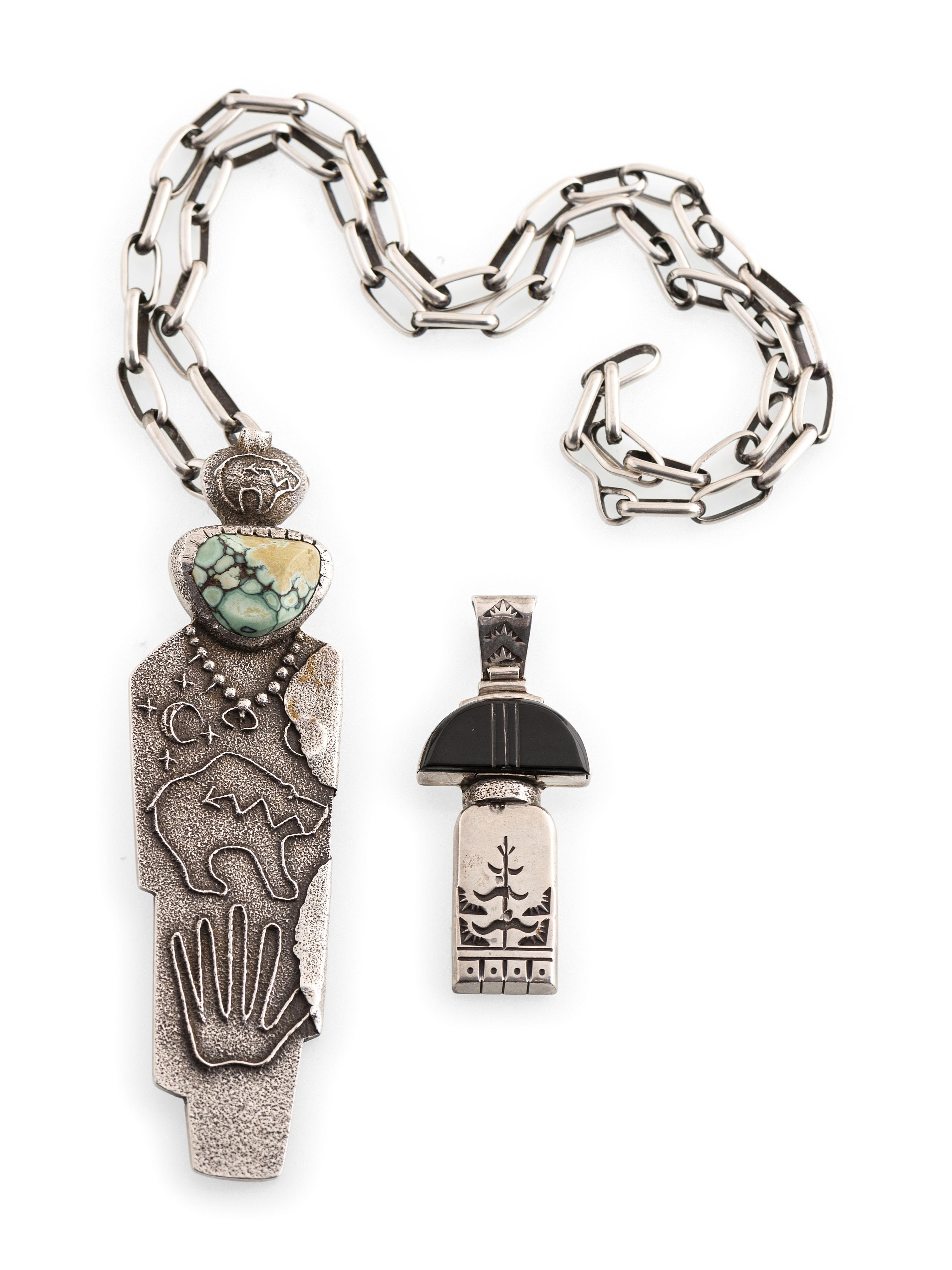 Tufa Cast Silver Figural Pendants, with Inlay