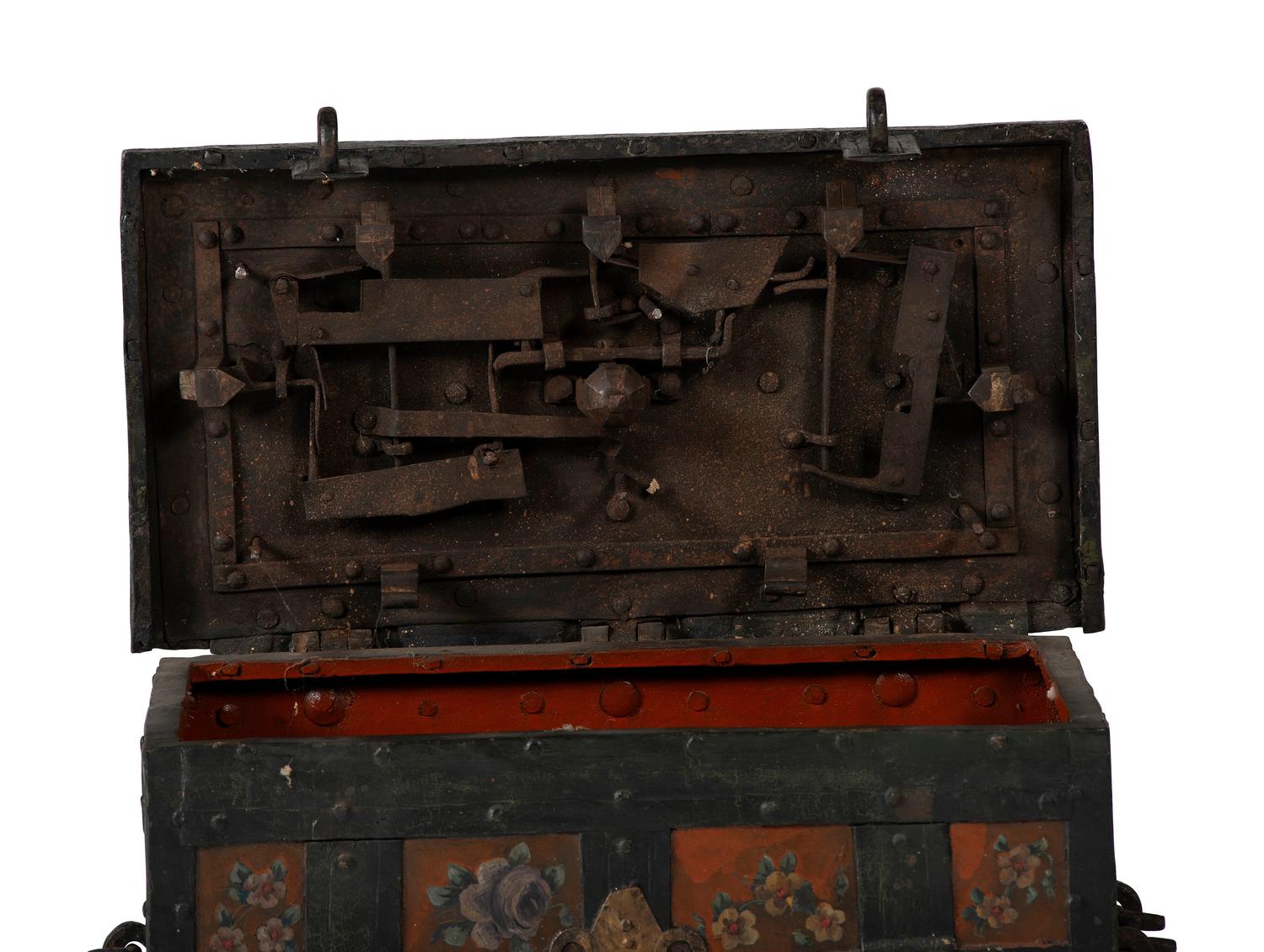A Continental Paint-Decorated and Iron Mounted Strong Box