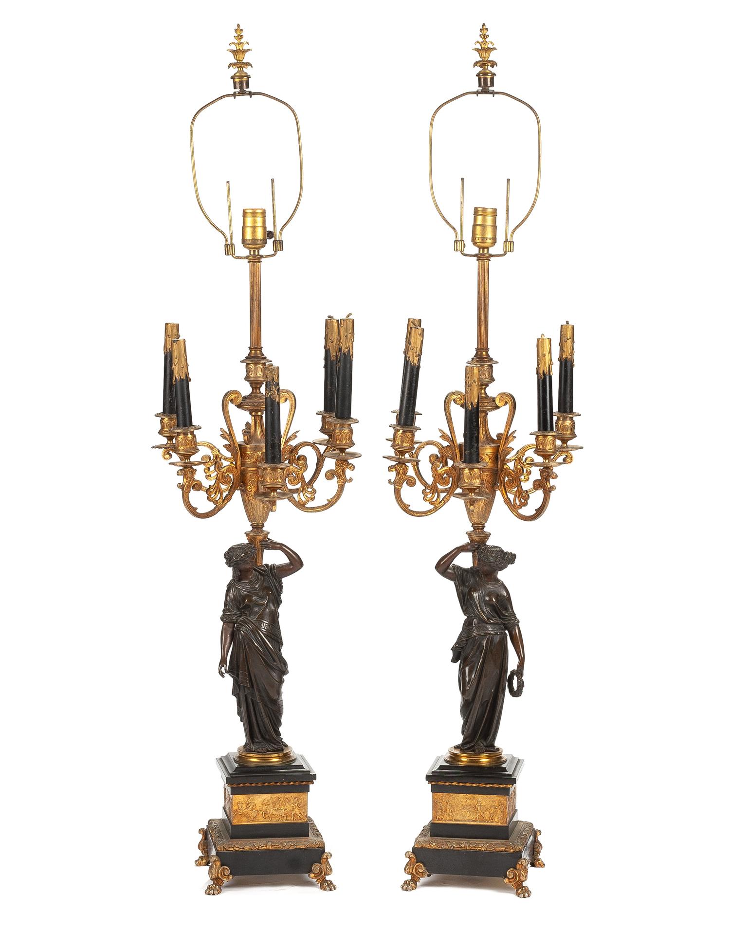 A Pair of French Gilt and Patinated Bronze Candelabra Mounted as Lamps Height of lamp fittings overall 42 inches; height of bronze 28 1 — 19TH CENTURY