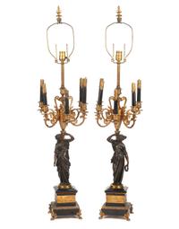 A Pair of French Gilt and Patinated Bronze Candelabra Mounted as Lamps Height of lamp fittings overall 42 inches; height of bronze 28 1 — 19TH CENTURY