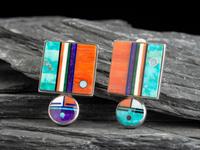 Mirroring Silver Figural Clip Earrings, with Mosaic Inlay