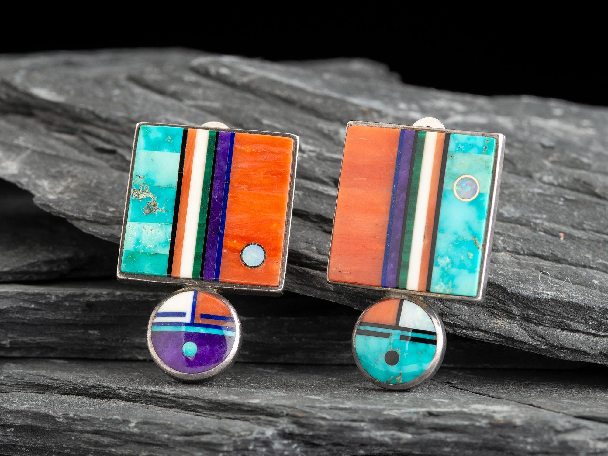 Mirroring Silver Figural Clip Earrings, with Mosaic Inlay