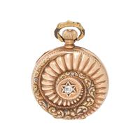 ELGIN, 14K TRICOLOR GOLD AND DIAMOND HUNTER CASE POCKET WATCH