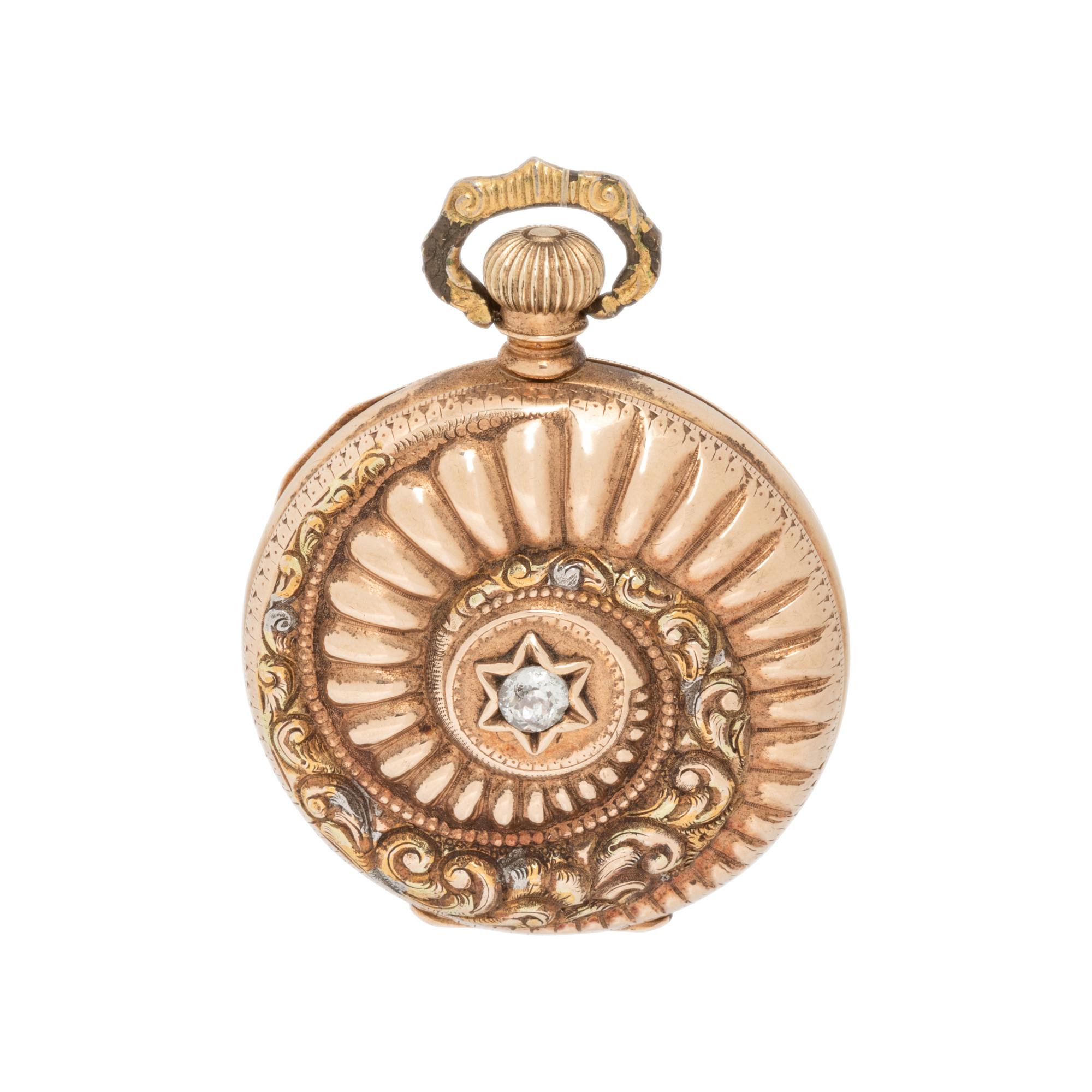 ELGIN, 14K TRICOLOR GOLD AND DIAMOND HUNTER CASE POCKET WATCH