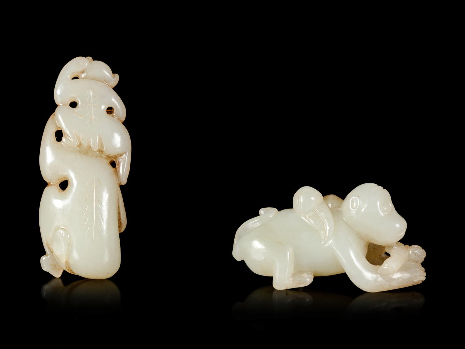 Two Chinese Jade Carvings of Monkeys