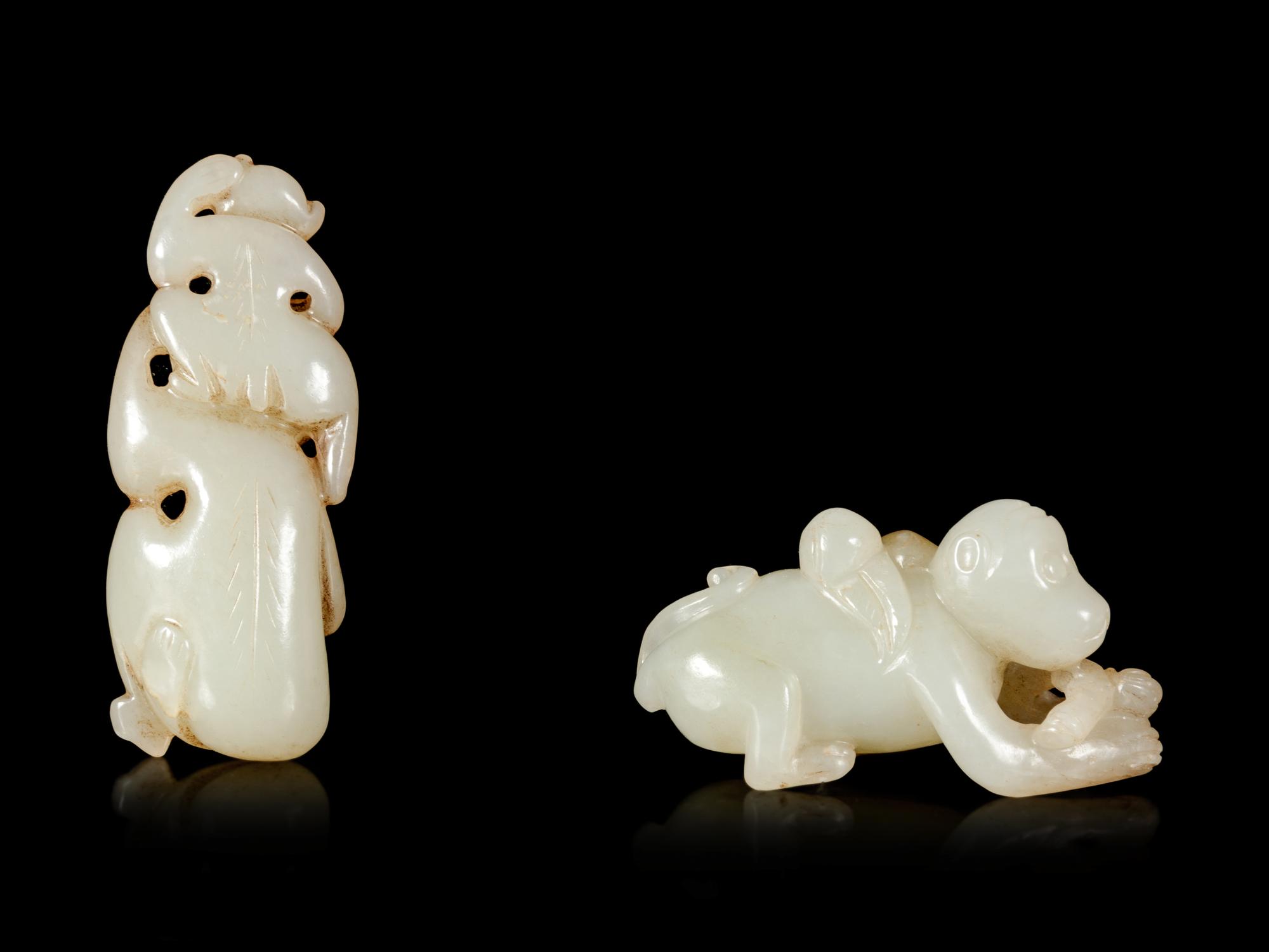 Two Chinese Jade Carvings of Monkeys