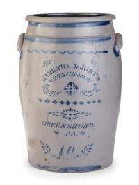 A Hamilton and Jones 10-Gallon Cobalt-Decorated Stoneware Crock
