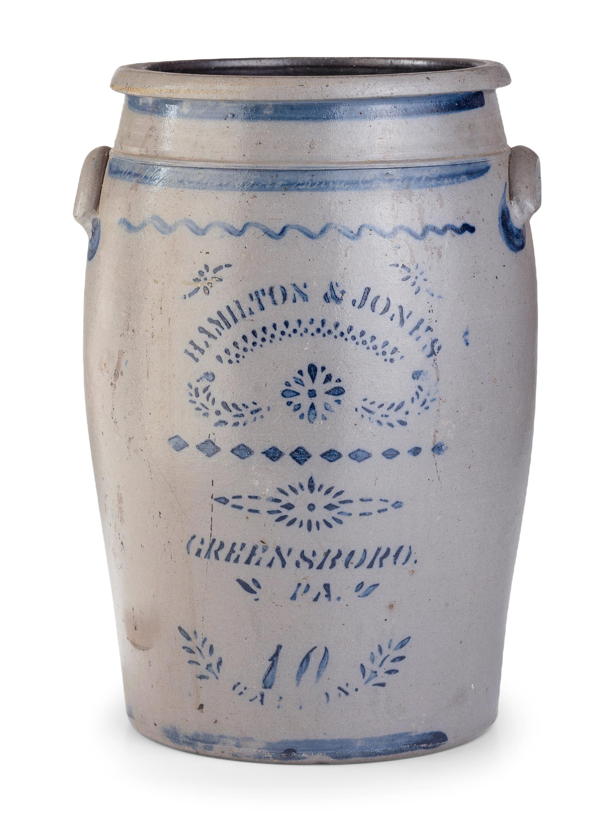 A Hamilton and Jones 10-Gallon Cobalt-Decorated Stoneware Crock