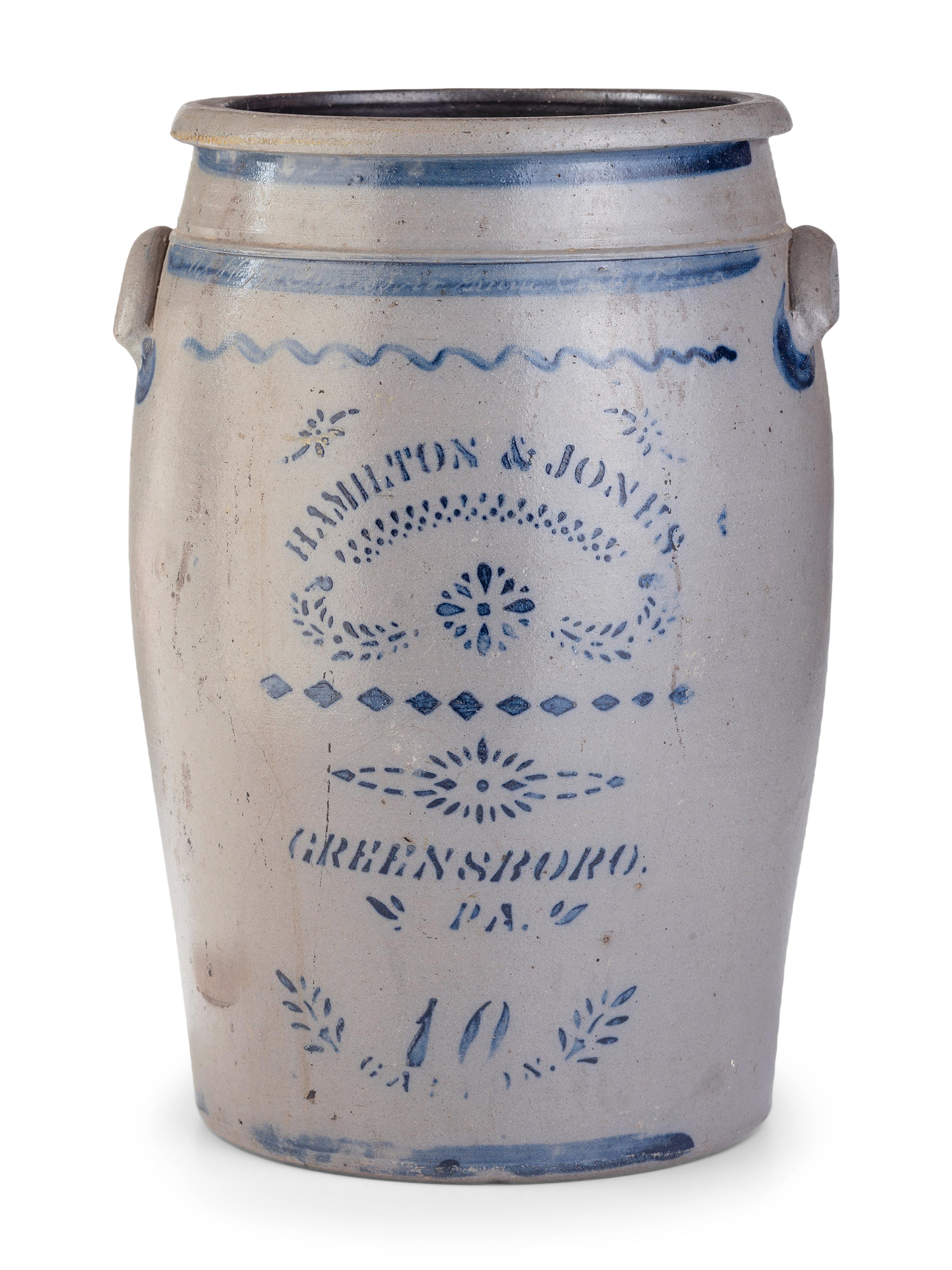 A Hamilton and Jones 10-Gallon Cobalt-Decorated Stoneware Crock